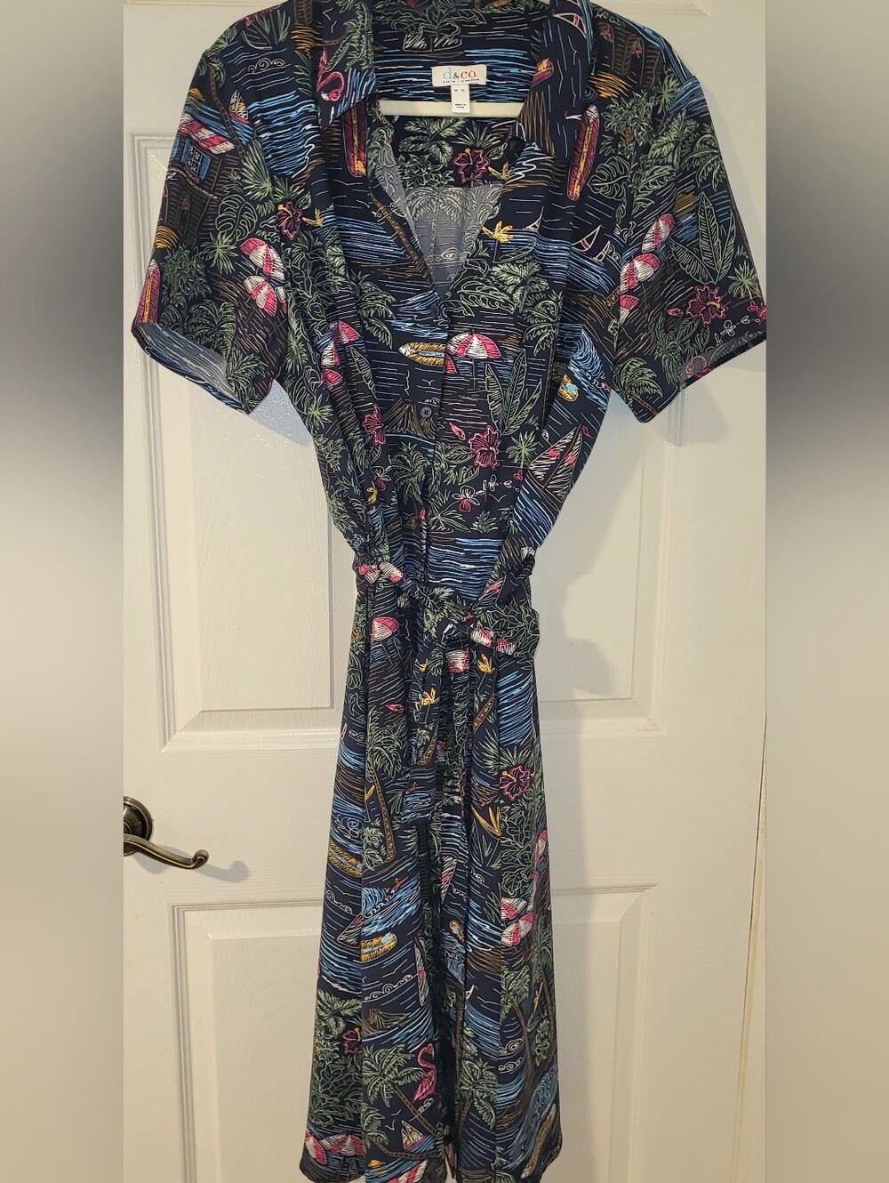 D&C Roomy Navy Beach Tropical Print Belted Dress